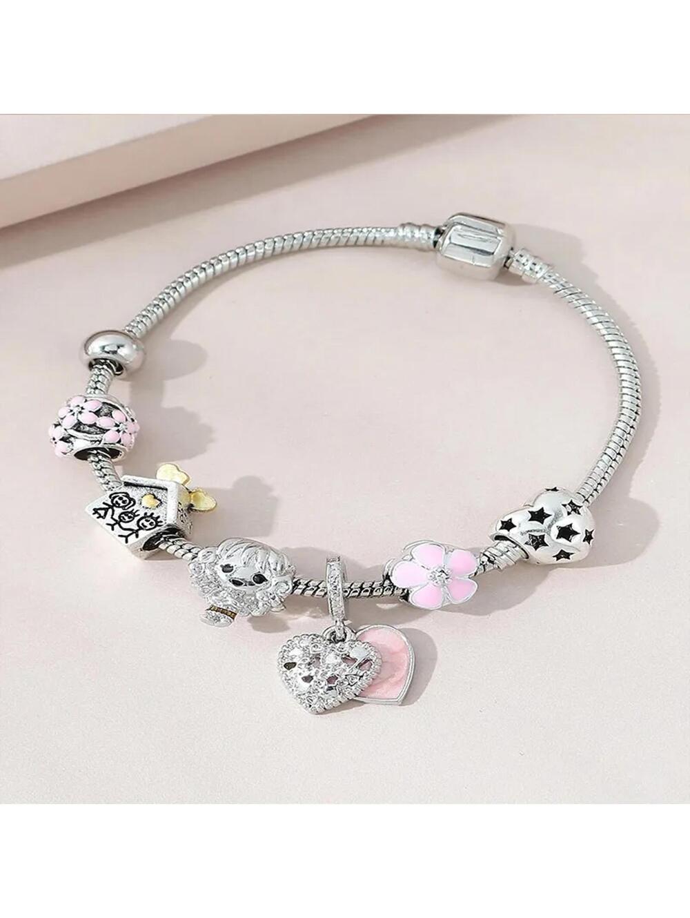 Pink family girl - Bracelet - Silver - CZs - 6.5 - 8"